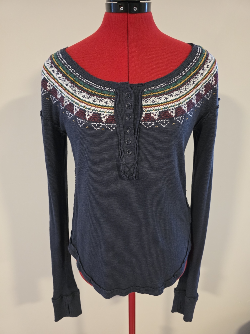 We The Free Navy Long-Sleeve Thermal Henley with Multicolor Fair Isle Yoke